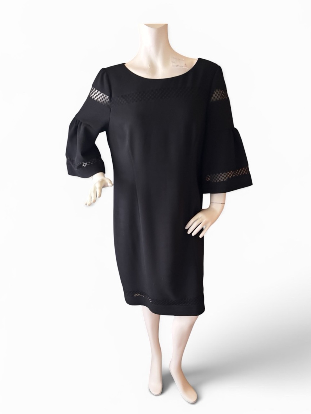Talbots Black Midi Dress with Lace-Paneled Flounce Sleeves, 14
